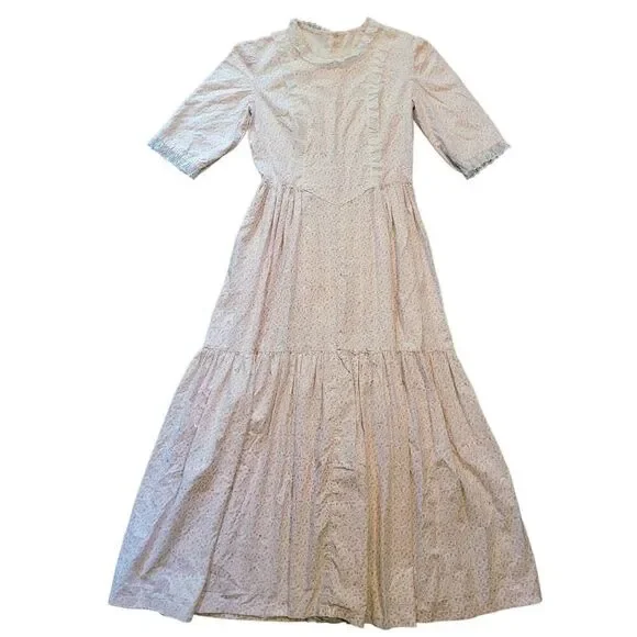 Vintage Prairie Dress Women's Small Pink Floral Print Lace Trim Long Cottage - Picture 4 of 12